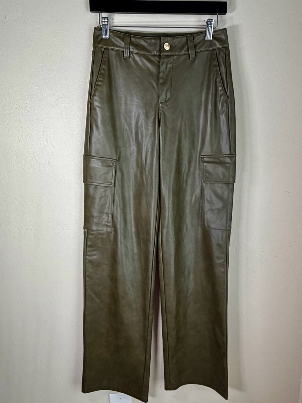 Zara Olive Green Faux Leather Cargo Pants - Picture 2 of 10